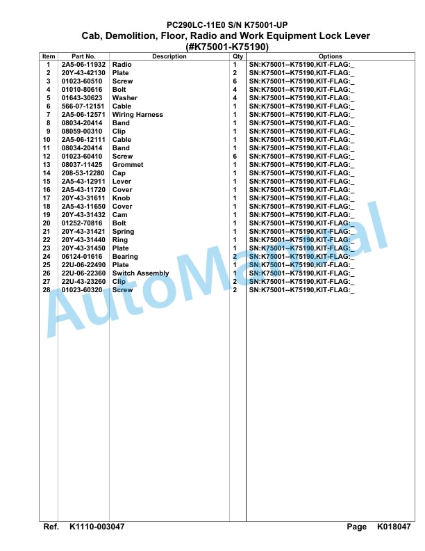 Komatsu PC290LC-11E0 Hydraulic Excavator Parts Manual PC00062U 4 Komatsu PC290LC-11E0 Hydraulic Excavator Parts Manual PC00062U-4