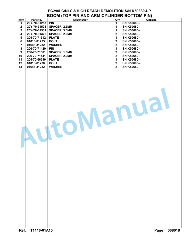 Komatsu PC290LC-8, PC290NLC-8 Hinght Reach Demolition Hydraulic Excavator Parts Manual K50680-UP-4