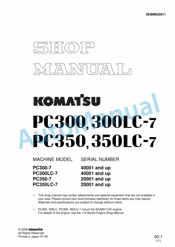 Komatsu PC300-7, PC300LC-7, PC350-7, PC350LC-7 Hydraulic Excavator Shop Manual SEBM025811