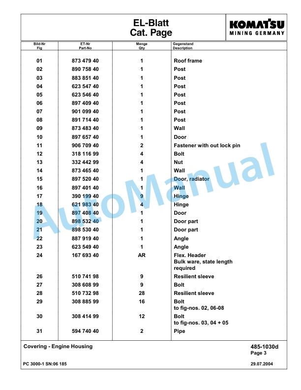 Komatsu PC3000-1 Hydraulic Mining Excavator Parts Manual G06185-2