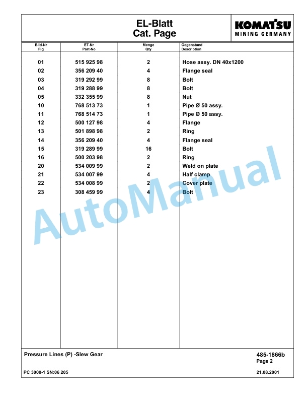 Komatsu PC3000-1 Hydraulic Mining Excavator Parts Manual G06205-3