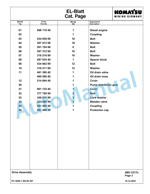 Komatsu PC3000-1 Hydraulic Mining Excavator Parts Manual G06207-2