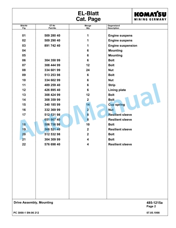 Komatsu PC3000-1 Hydraulic Mining Excavator Parts Manual G06212-2