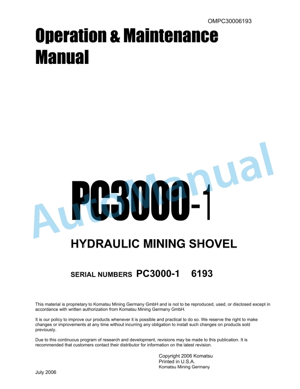 Komatsu PC3000-1 Hydraulic Mining Shovel Operation and Maintenance Manual OMPC30006193