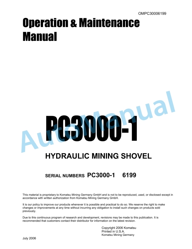 Komatsu PC3000-1 Hydraulic Mining Shovel Operation and Maintenance Manual OMPC30006199