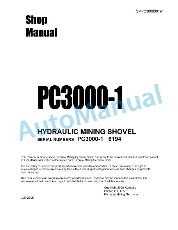 Komatsu PC3000-1 Hydraulic Mining Shovel Shop Manual SMPC30006194