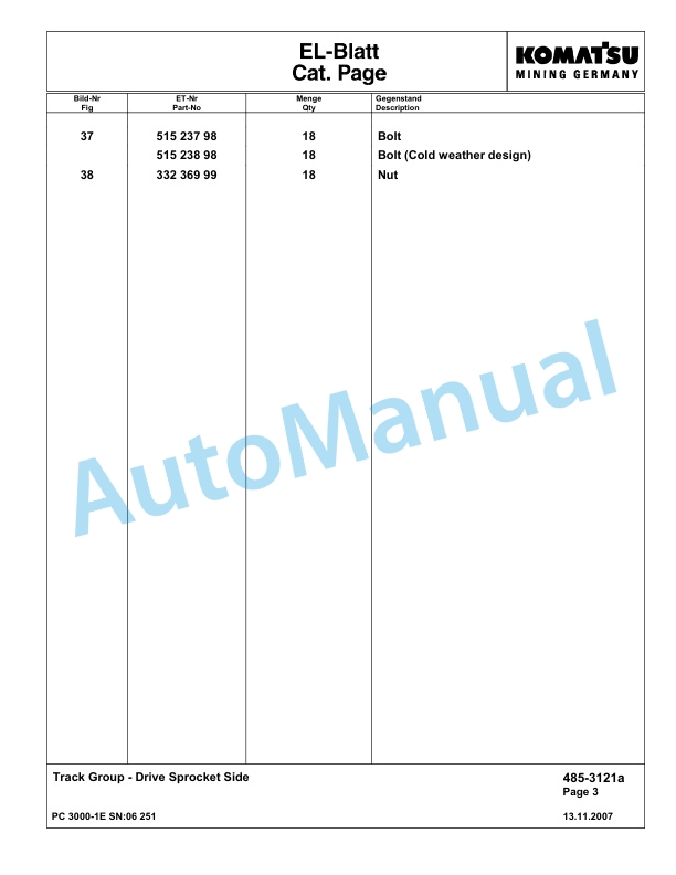 Komatsu PC3000-1E Hydraulic Mining Excavator Parts Manual G06251-4