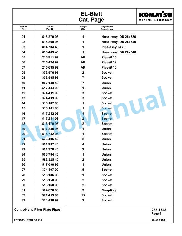 Komatsu PC3000-1E Hydraulic Mining Excavator Parts Manual G06252-2