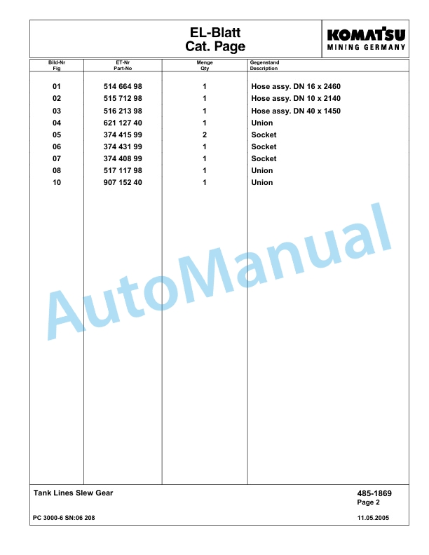 Komatsu PC3000-6 Hydraulic Mining Excavator Parts Manual G06208-3
