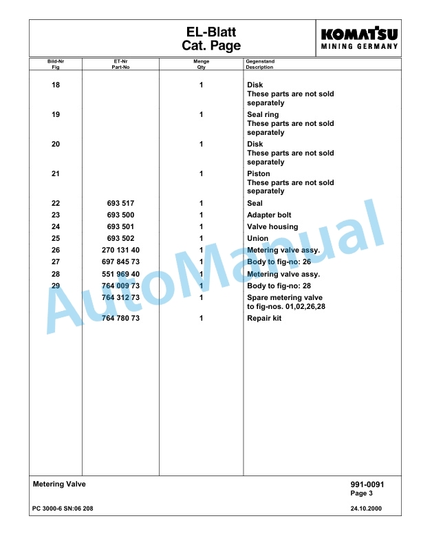 Komatsu PC3000-6 Hydraulic Mining Excavator Parts Manual G06208-5