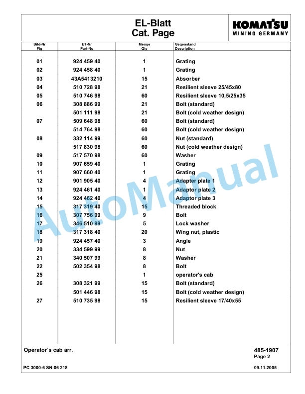 Komatsu PC3000-6 Hydraulic Mining Excavator Parts Manual G06218-3