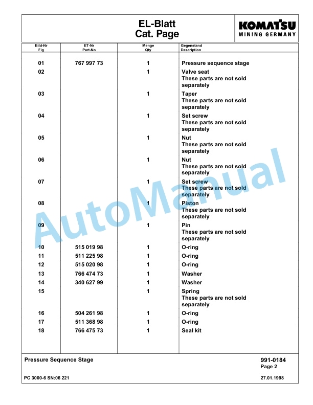 Komatsu PC3000-6 Hydraulic Mining Excavator Parts Manual G06221-5