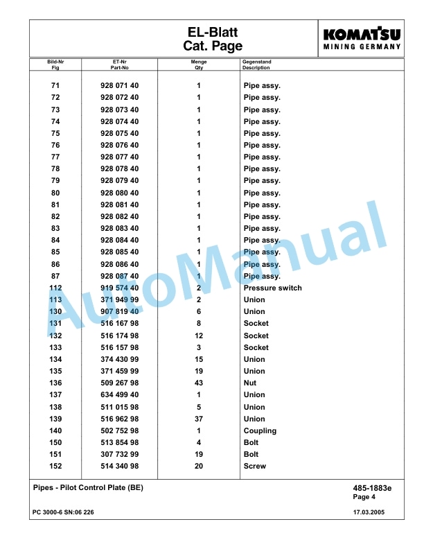 Komatsu PC3000-6 Hydraulic Mining Excavator Parts Manual G06226-3