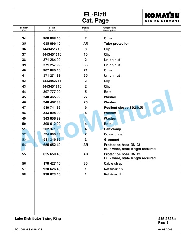 Komatsu PC3000-6 Hydraulic Mining Excavator Parts Manual G06228-4