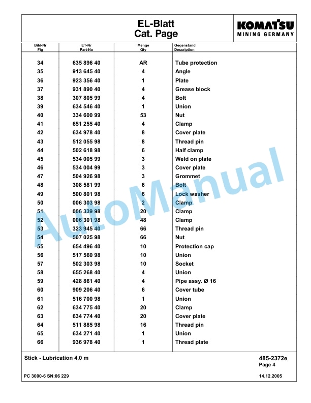 Komatsu PC3000-6 Hydraulic Mining Excavator Parts Manual G06229-4