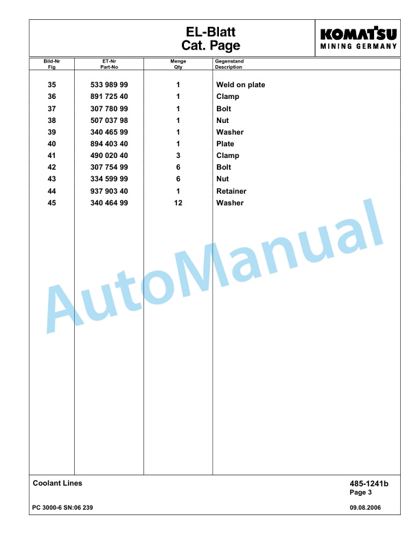 Komatsu PC3000-6 Hydraulic Mining Excavator Parts Manual G06239-2