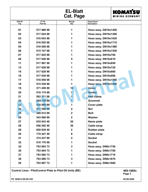 Komatsu PC3000-6 Hydraulic Mining Excavator Parts Manual G06239-3