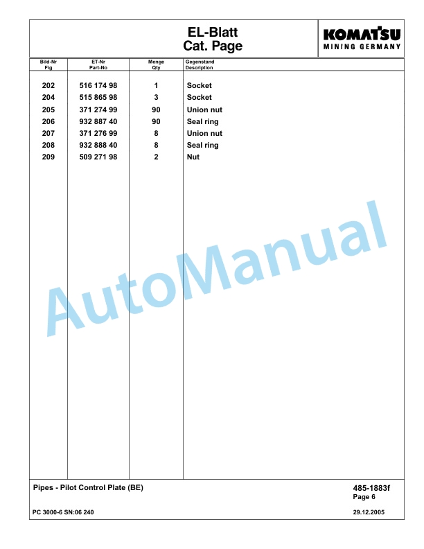 Komatsu PC3000-6 Hydraulic Mining Excavator Parts Manual G06240-3