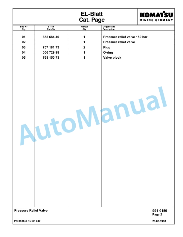 Komatsu PC3000-6 Hydraulic Mining Excavator Parts Manual G06242-5