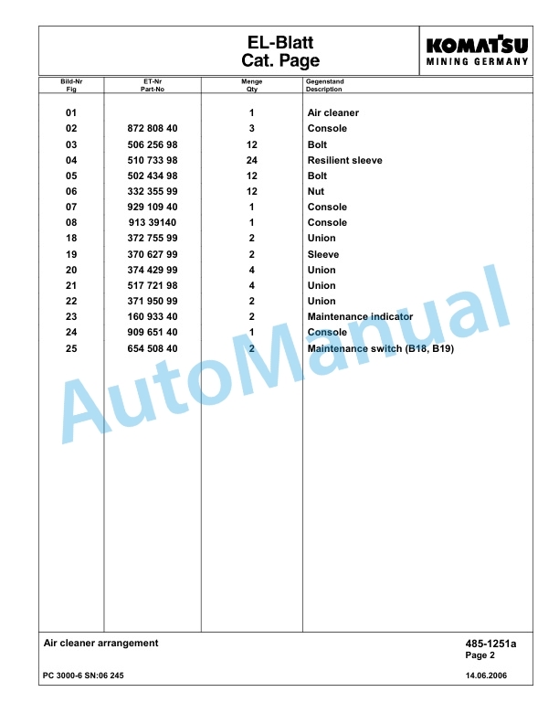 Komatsu PC3000-6 Hydraulic Mining Excavator Parts Manual G06245-2