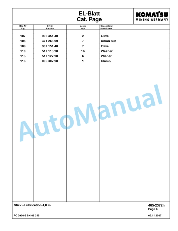Komatsu PC3000-6 Hydraulic Mining Excavator Parts Manual G06245-4