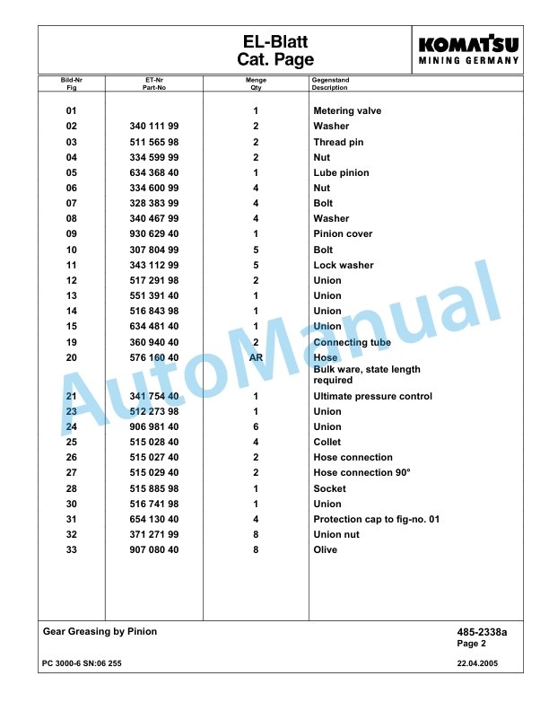 Komatsu PC3000-6 Hydraulic Mining Excavator Parts Manual G06255-4