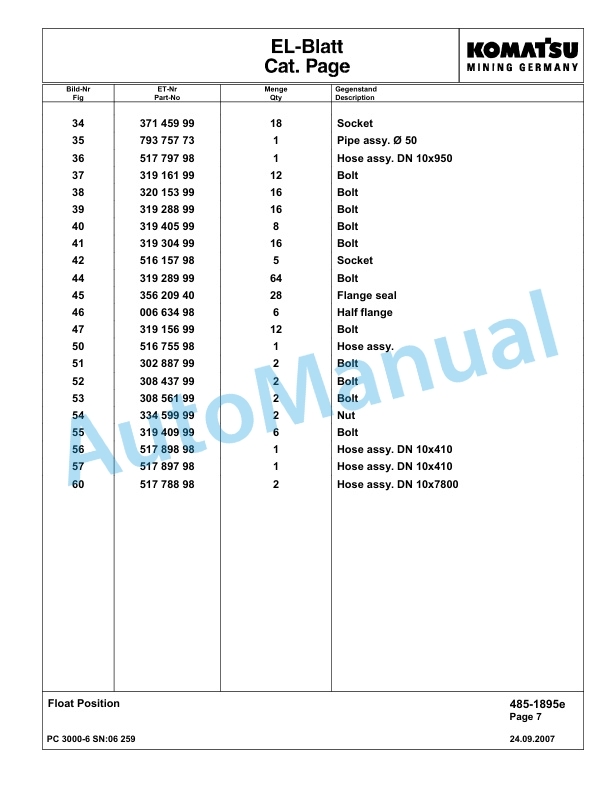 Komatsu PC3000-6 Hydraulic Mining Excavator Parts Manual G06259-3