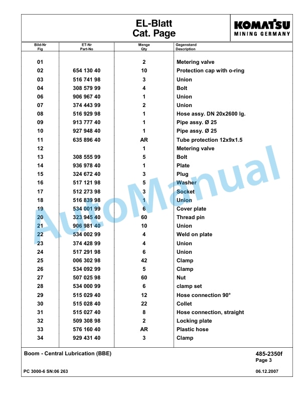 Komatsu PC3000-6 Hydraulic Mining Excavator Parts Manual G06263-4