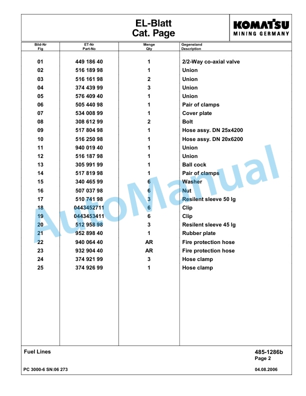 Komatsu PC3000-6 Hydraulic Mining Excavator Parts Manual G06273-2