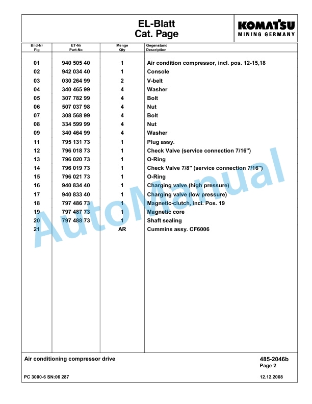 Komatsu PC3000-6 Hydraulic Mining Excavator Parts Manual G06287-3