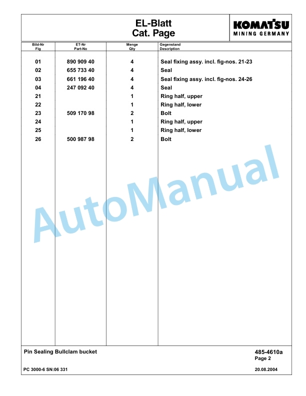 Komatsu PC3000-6 Hydraulic Mining Excavator Parts Manual G06331-3