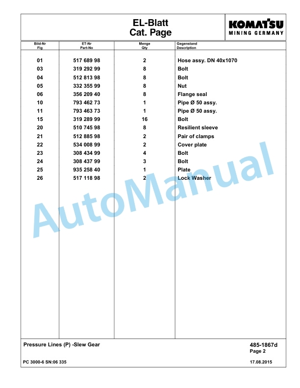 Komatsu PC3000-6 Hydraulic Mining Excavator Parts Manual G06335-2
