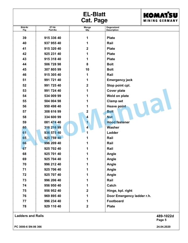 Komatsu PC3000-6 Hydraulic Mining Excavator Parts Manual G06366-3