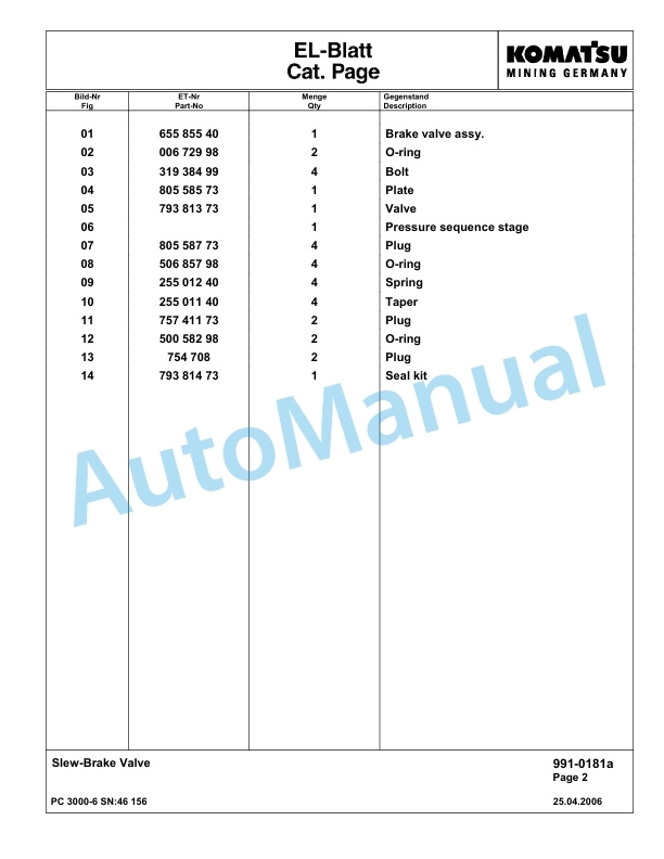 Komatsu PC3000-6 Hydraulic Mining Excavator Parts Manual G46156-5