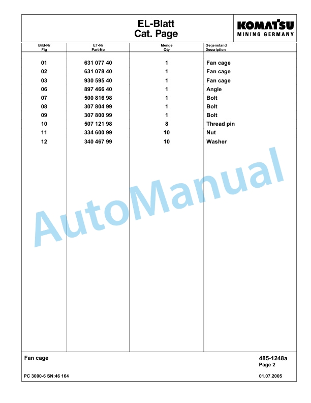 Komatsu PC3000-6 Hydraulic Mining Excavator Parts Manual G46164-2