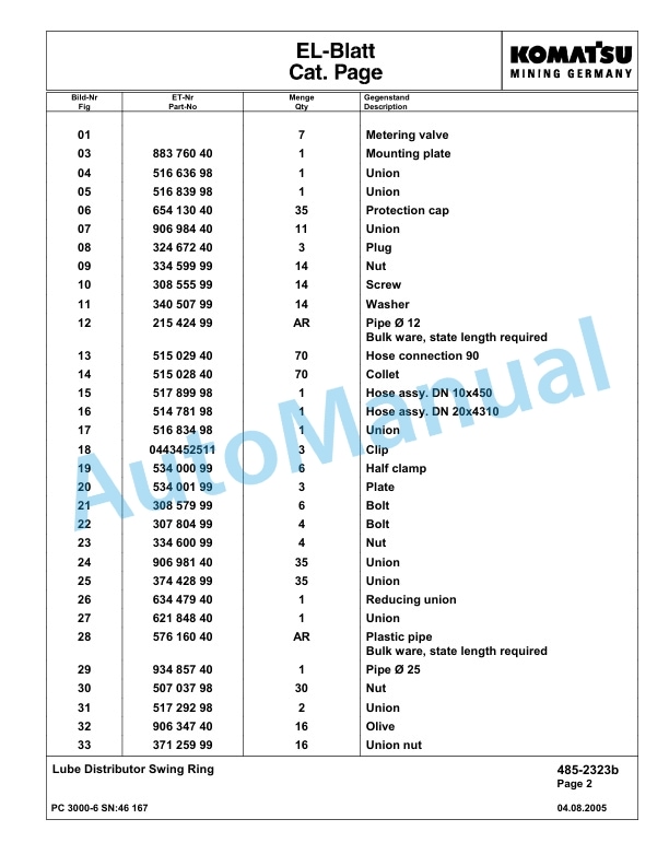 Komatsu PC3000-6 Hydraulic Mining Excavator Parts Manual G46167-4