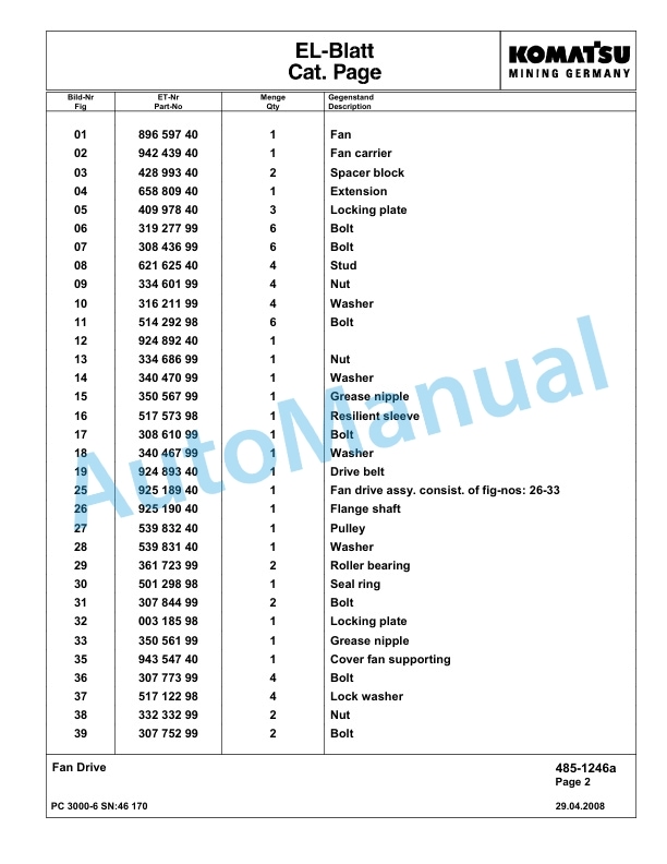 Komatsu PC3000-6 Hydraulic Mining Excavator Parts Manual G46170-2