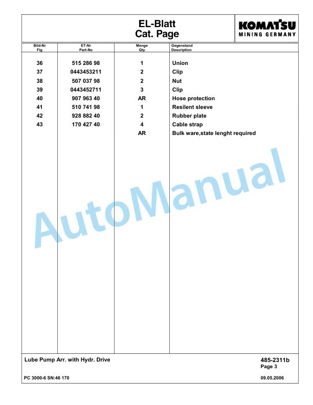 Komatsu PC3000-6 Hydraulic Mining Excavator Parts Manual G46170-4