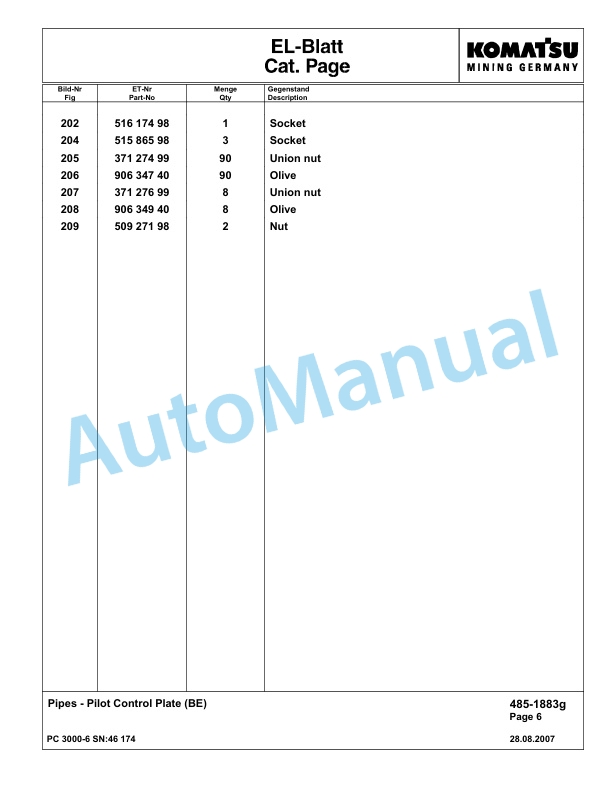 Komatsu PC3000-6 Hydraulic Mining Excavator Parts Manual G46174-3