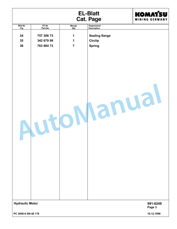 Komatsu PC3000-6 Hydraulic Mining Excavator Parts Manual G46178-5