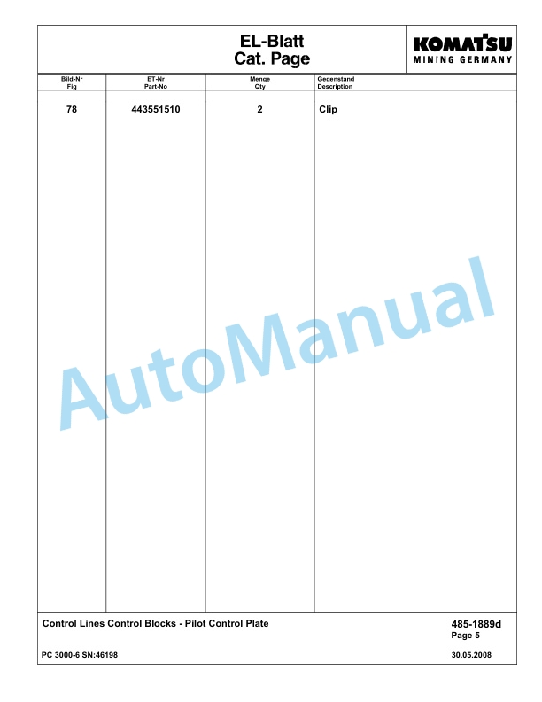 Komatsu PC3000-6 Hydraulic Mining Excavator Parts Manual G46198-3