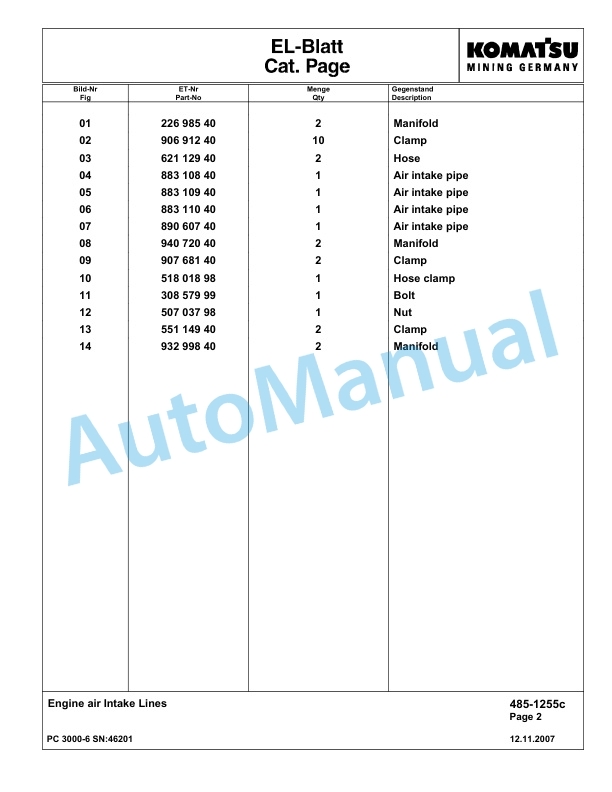 Komatsu PC3000-6 Hydraulic Mining Excavator Parts Manual G46201-2