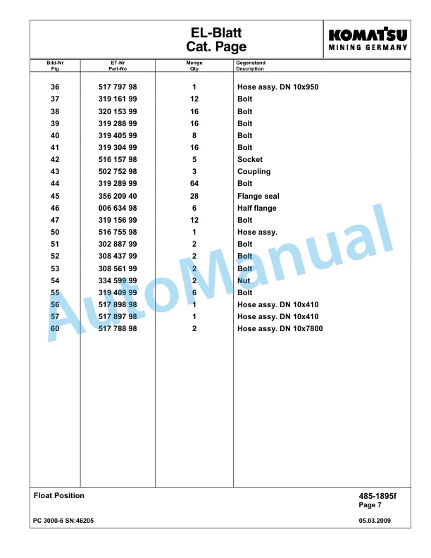 Komatsu PC3000-6 Hydraulic Mining Excavator Parts Manual G46205-3