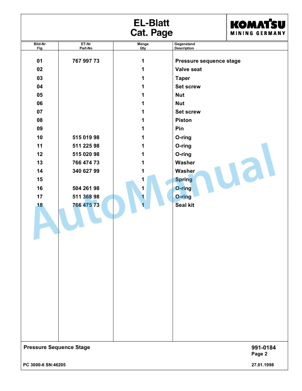 Komatsu PC3000-6 Hydraulic Mining Excavator Parts Manual G46205-5