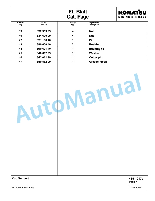Komatsu PC3000-6 Hydraulic Mining Excavator Parts Manual G46209-3