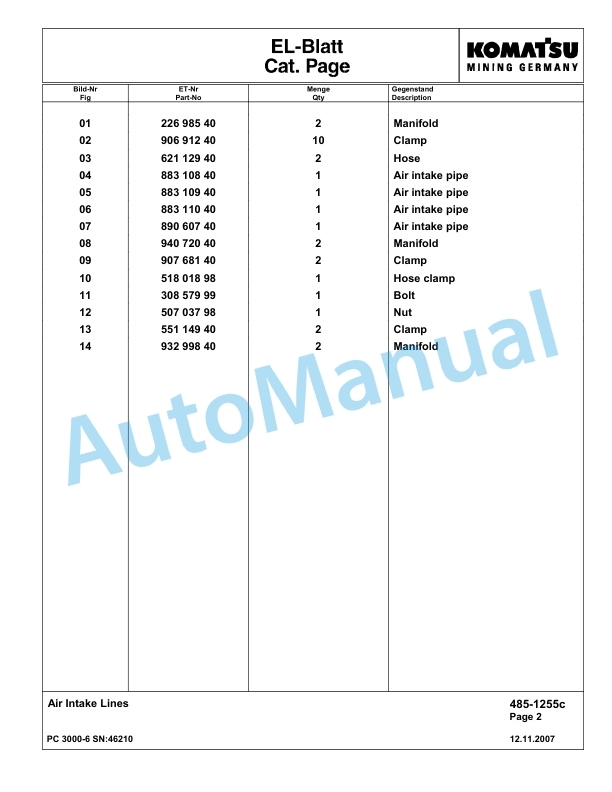 Komatsu PC3000-6 Hydraulic Mining Excavator Parts Manual G46210-2