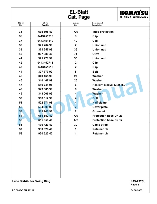 Komatsu PC3000-6 Hydraulic Mining Excavator Parts Manual G46211-4