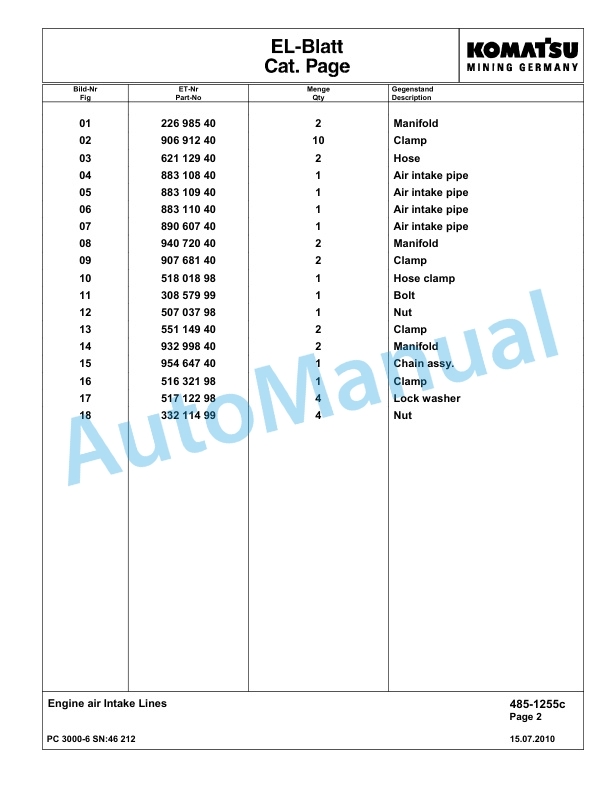 Komatsu PC3000-6 Hydraulic Mining Excavator Parts Manual G46212-2