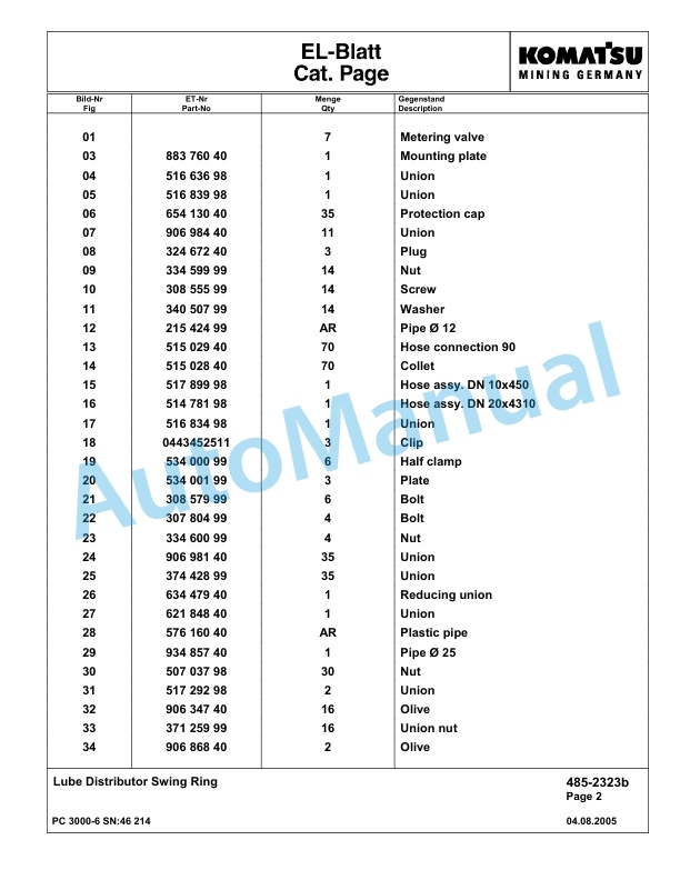 Komatsu PC3000-6 Hydraulic Mining Excavator Parts Manual G46214-4