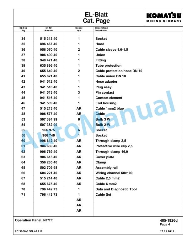 Komatsu PC3000-6 Hydraulic Mining Excavator Parts Manual G46218-3